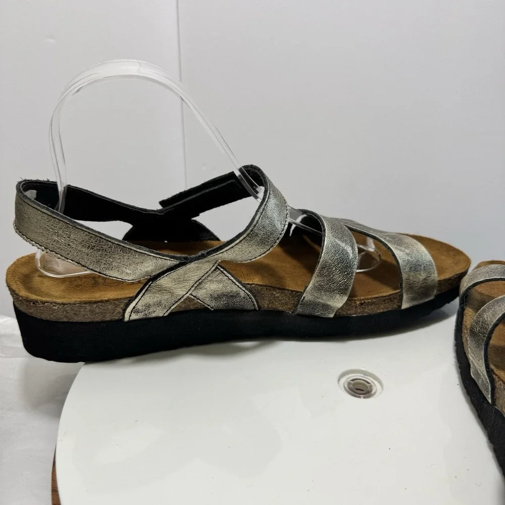 Naot Leather Strappy Boho Wedge Hook Loop‎ Cork Comfort Sandals 42 Gold Black